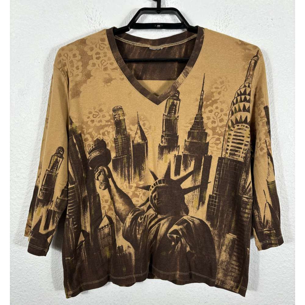 Vintage Y2K Top Size‎ L New York Liberty Brown 3/4 Sleeve Cotton Vneck